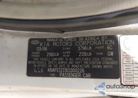 2006 Kia Spectra Ex/Lx/Sx from USA, damaged, VIN KNAFE121165300226